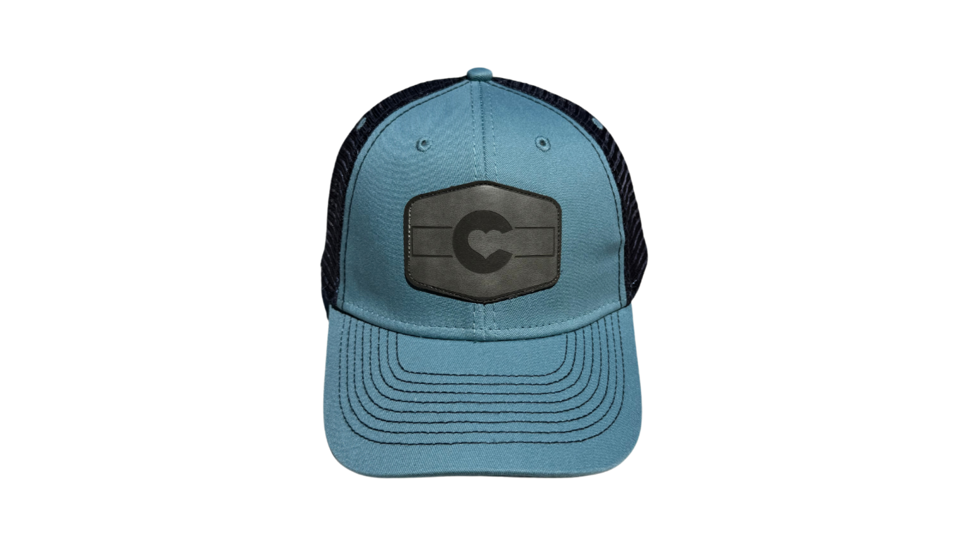 Blue & Grey with Grey Leather Patch Hat